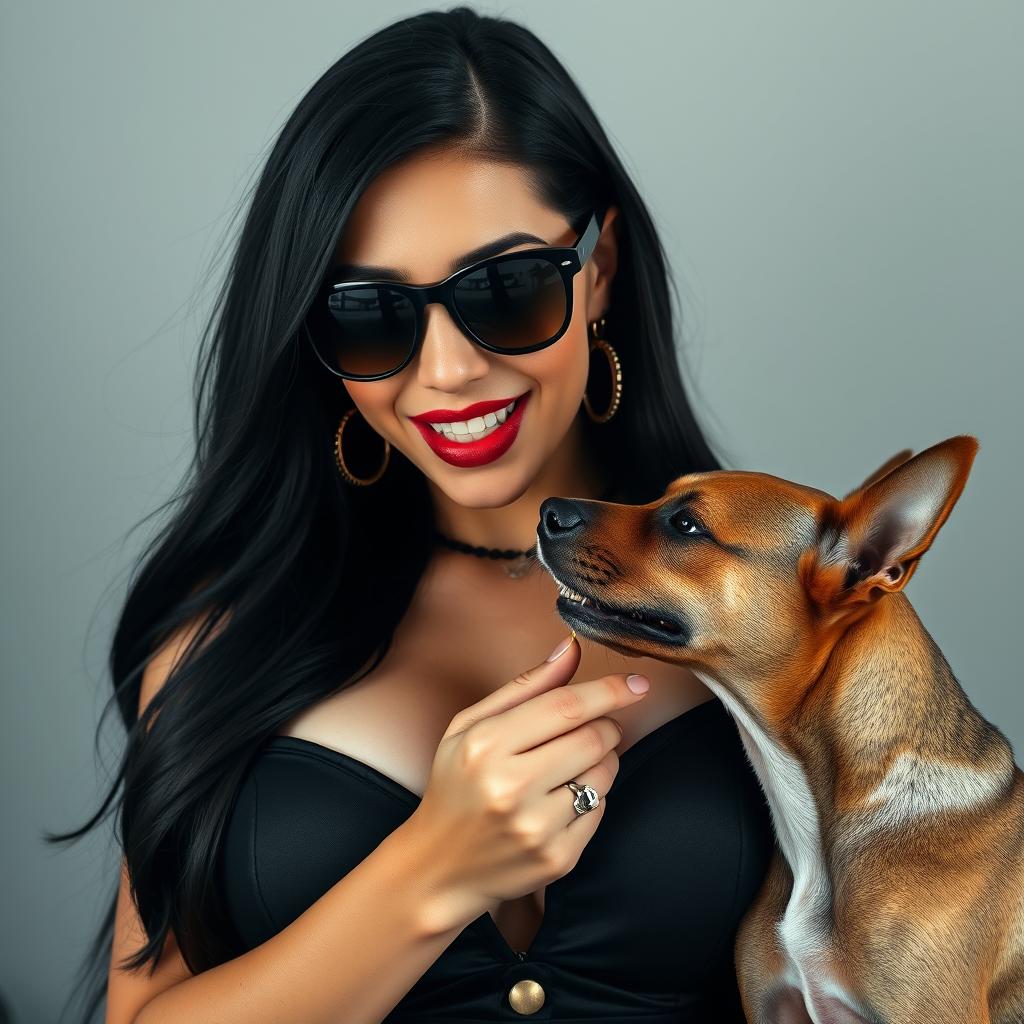 Create an image of a woman with very large breasts, long black hair, wearing black sunglasses and sexy black clothing