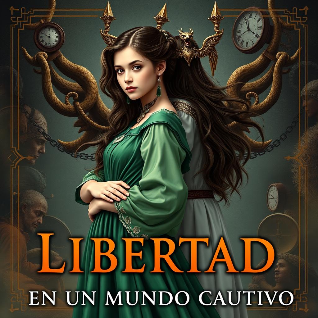 Create a book cover set in the 1500s, titled 'LIBERTAD EN UN MUNDO CAUTIVO' (make sure the title is written correctly)