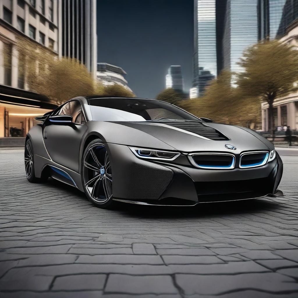 A high-resolution image of a BMW i8 with an aggressive Mansory body kit and carbon fiber elements