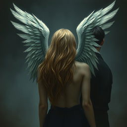 A depiction of a woman with incomplete wings, seen from behind, with blonde hair