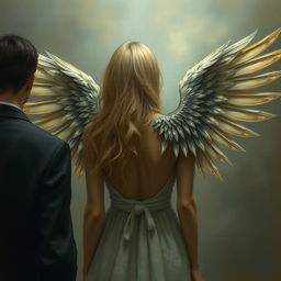 A depiction of a woman with incomplete wings, seen from behind, with blonde hair