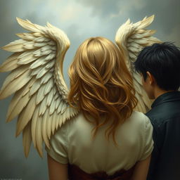 A depiction of a woman with incomplete wings, seen from behind, with blonde hair