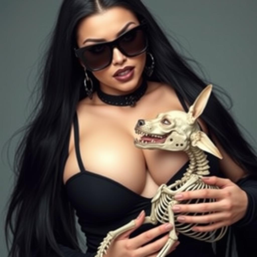 Create an image of a woman with very large breasts, long black hair, wearing black sunglasses and sexy black clothing