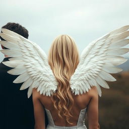 An artistic depiction of angel wings on a blonde woman seen from behind