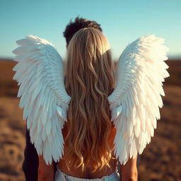 An artistic depiction of angel wings on a blonde woman seen from behind