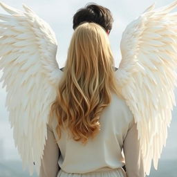 An artistic depiction of angel wings on a blonde woman seen from behind