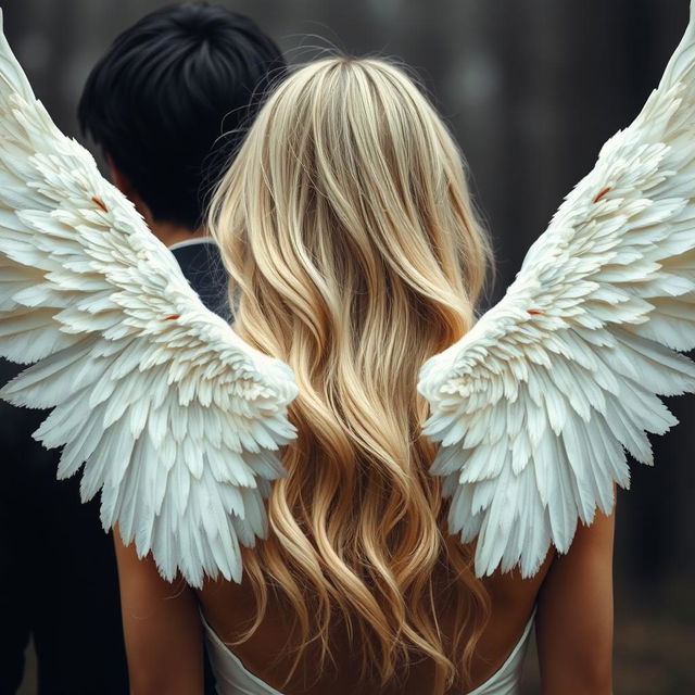 An artistic depiction of angel wings on a blonde woman seen from behind