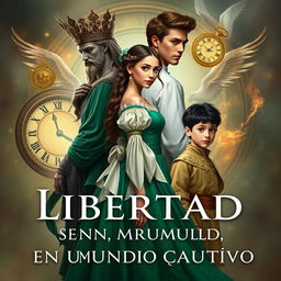 Create a book cover set in the 1500s, titled 'LIBERTAD EN UN MUNDO CAUTIVO' (make sure the title is written correctly)