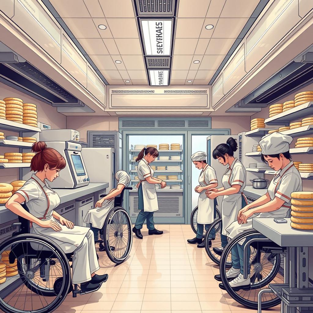 Create a detailed image of a futuristic bakery where disabled people are working