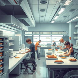 Create a detailed image of a futuristic bakery where disabled people are working