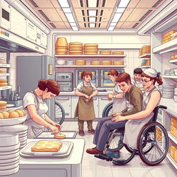 Create a detailed image of a futuristic bakery where disabled people are working