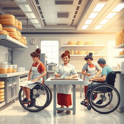 Create a detailed image of a futuristic bakery where disabled people are working