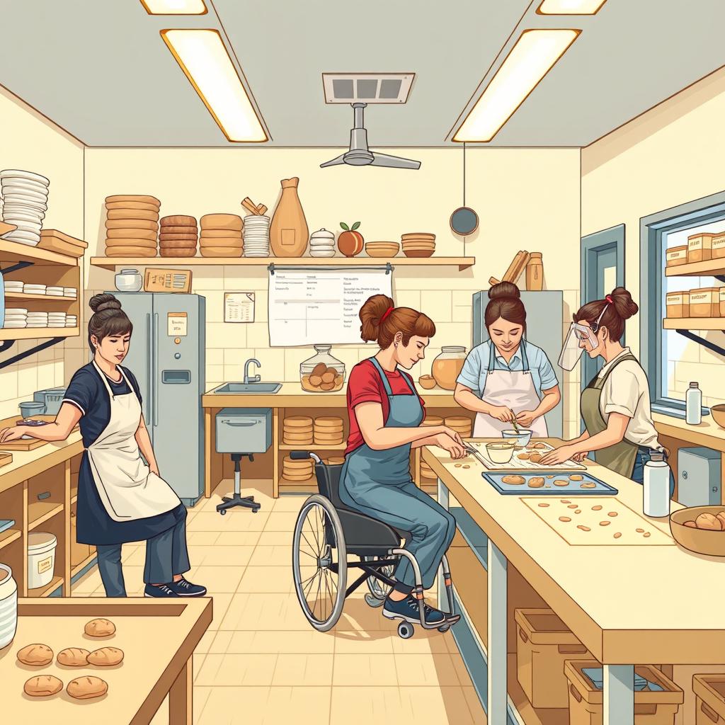 Create a detailed image of an inclusive bakery where people with visual, motor, hearing, oral, and mental disabilities can work