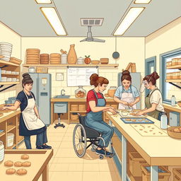 Create a detailed image of an inclusive bakery where people with visual, motor, hearing, oral, and mental disabilities can work