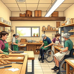 Create a detailed image of an inclusive bakery where people with visual, motor, hearing, oral, and mental disabilities can work