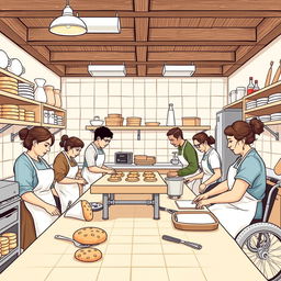 Create a detailed image of an inclusive bakery where people with visual, motor, hearing, oral, and mental disabilities can work