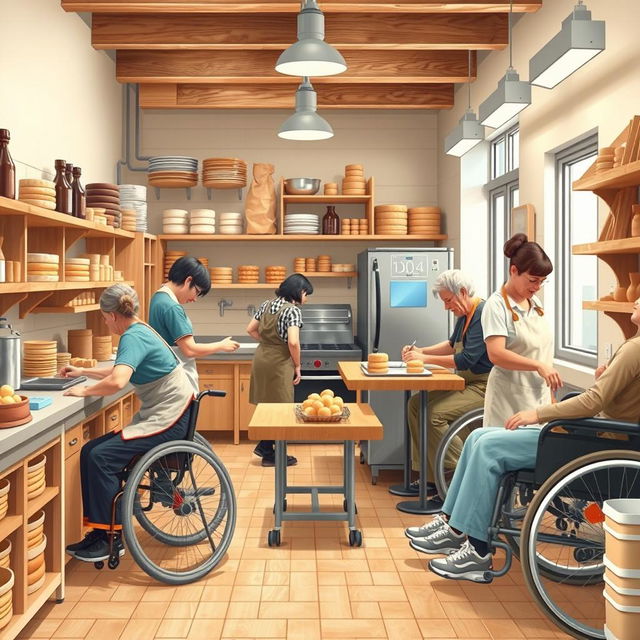 Create a detailed image of an inclusive bakery where people with visual, motor, hearing, oral, and mental disabilities can work