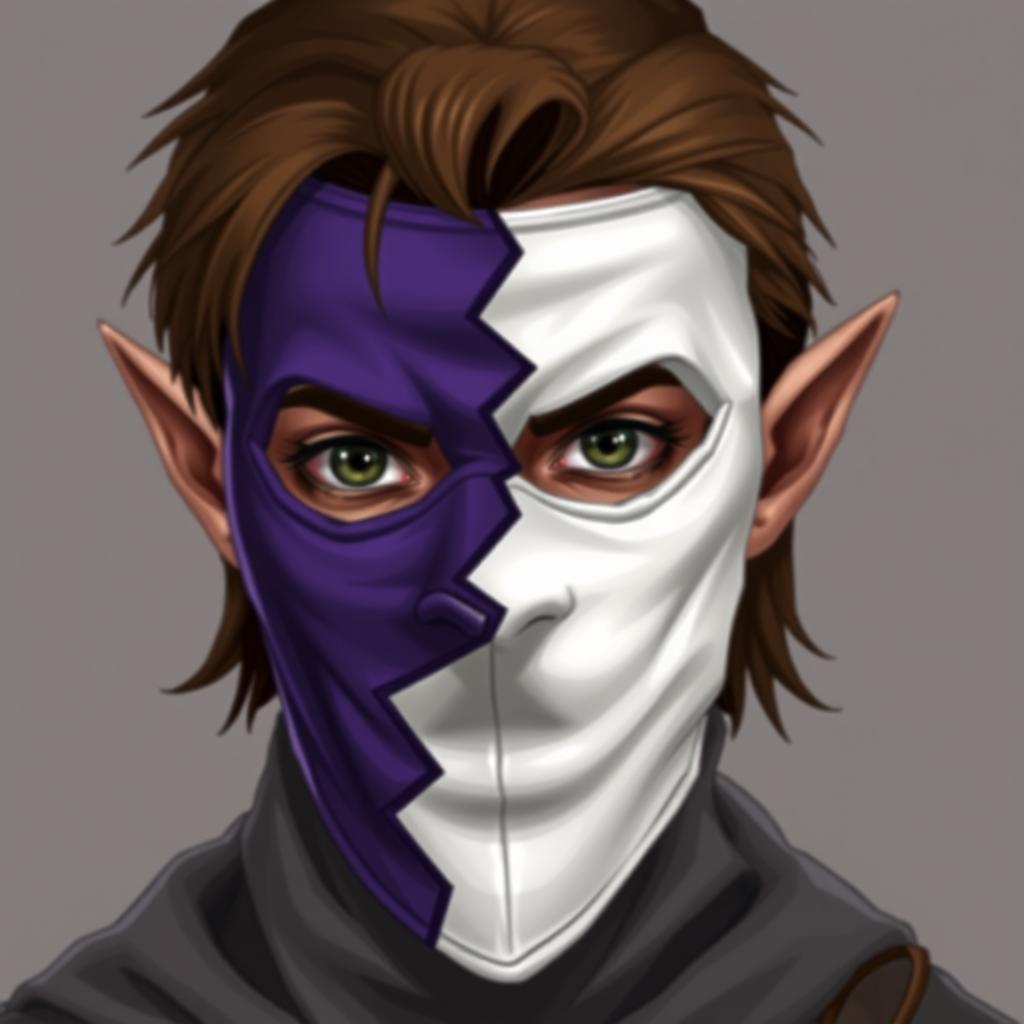 A half-elf male rogue with brown hair wearing a mask that covers his entire face