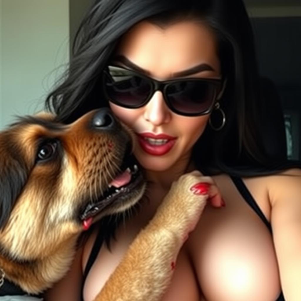 Create an image of a woman with very large breasts, long black hair, wearing black sunglasses and sexy black clothing