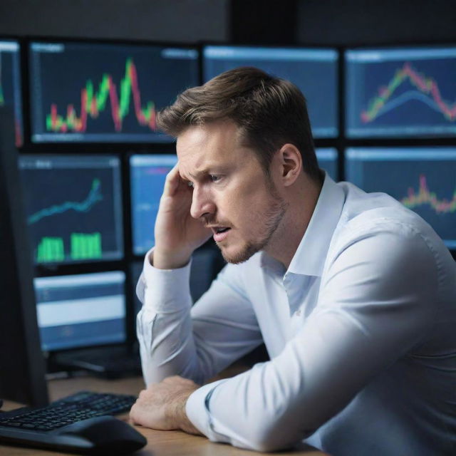 A stressed trader looking at the fluctuating cryptocurrency market on multiple computer screens