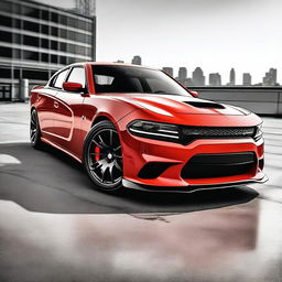 A detailed rendering of a Dodge Charger with an aggressive bodykit