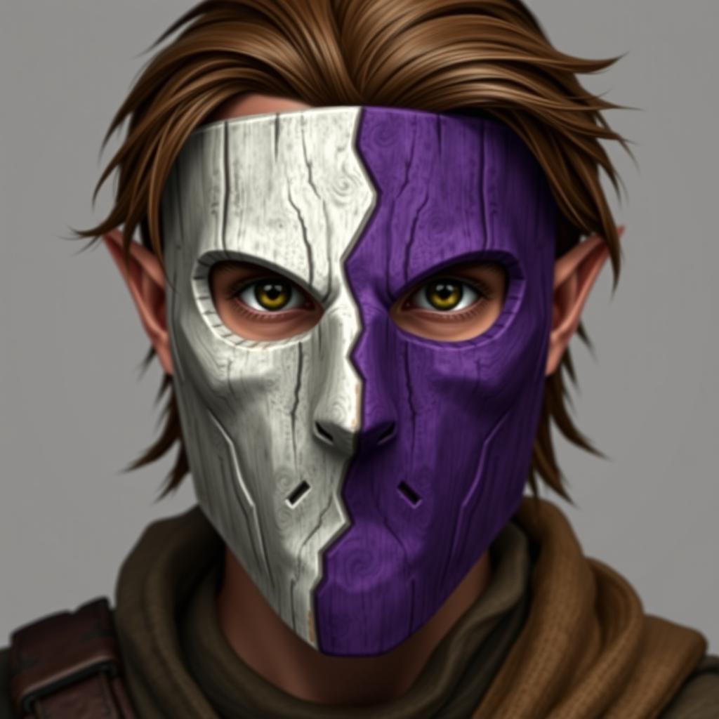 A half-elf male rogue with brown hair wearing a wooden mask that covers his entire face