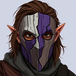 A half-elf male rogue with brown hair wearing a wooden mask that covers his entire face