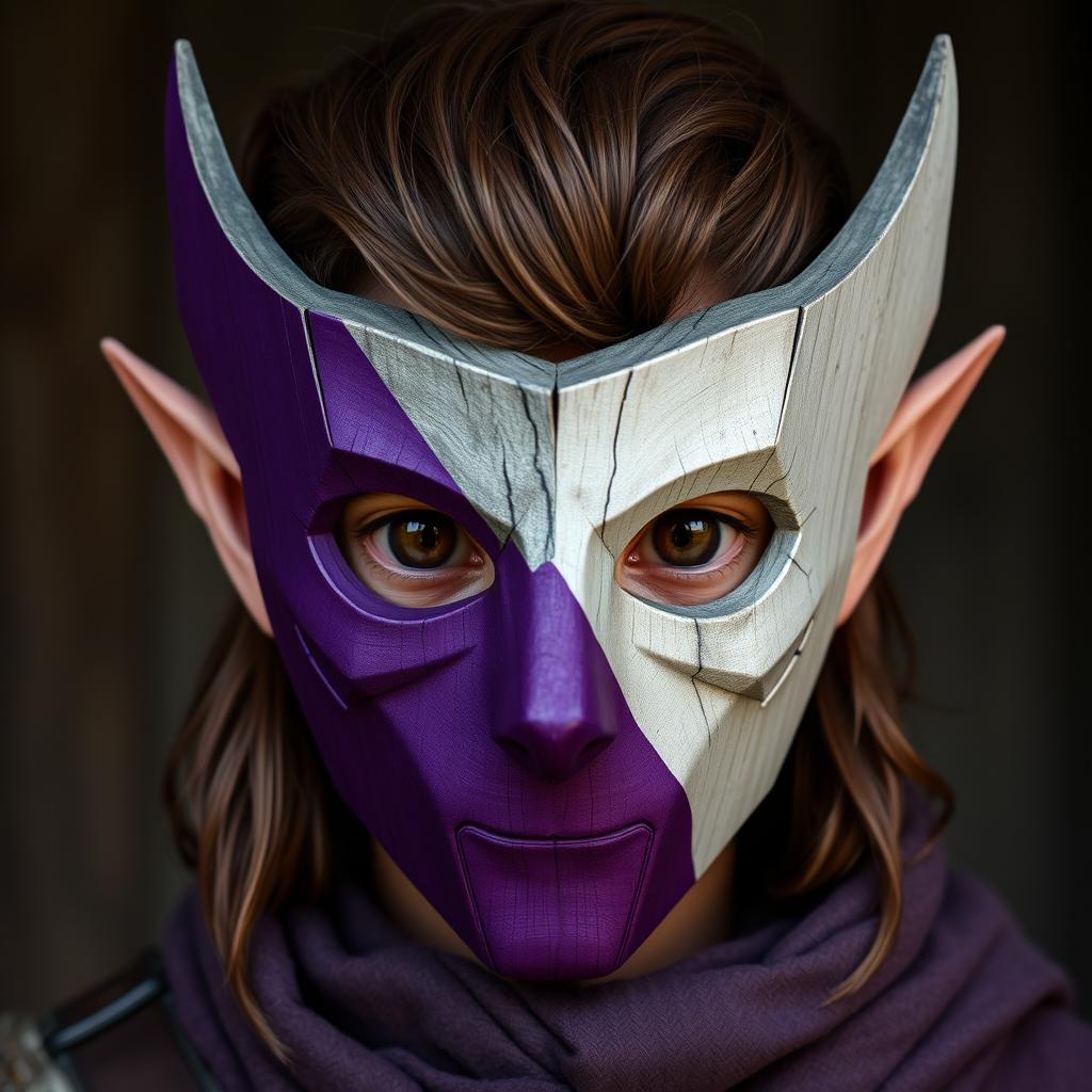 A half-elf male rogue with brown hair wearing a wooden mask that covers his entire face