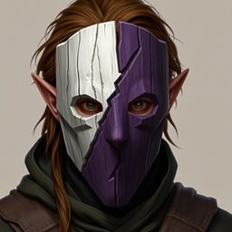 A half-elf male rogue with brown hair wearing a wooden mask that covers his entire face