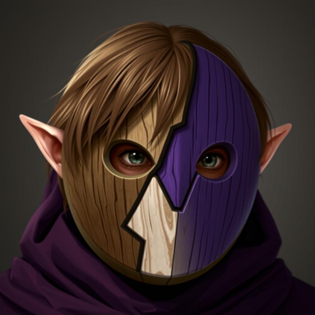 A half-elf male rogue with brown hair wearing a round wooden mask that covers his entire face