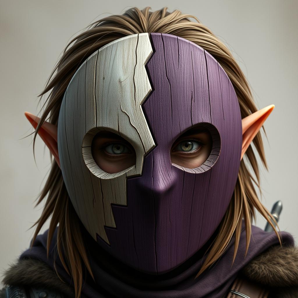 A half-elf male rogue with brown hair wearing a round wooden mask that covers his entire face