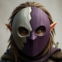 A half-elf male rogue with brown hair wearing a round wooden mask that covers his entire face