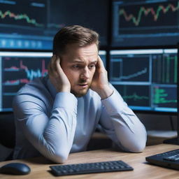 A stressed trader looking at the fluctuating cryptocurrency market on multiple computer screens