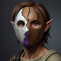 A half-elf male rogue with brown hair wearing a round wooden mask that covers his entire face