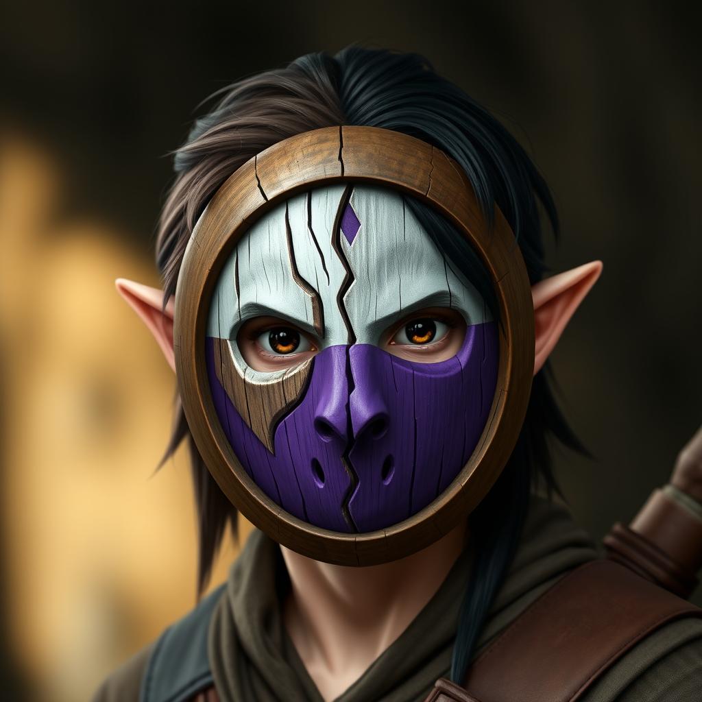 A half-elf male ranger with half brown hair and half black hair, wearing a round wooden mask that covers his entire face