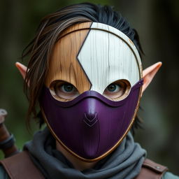 A half-elf male ranger with half brown hair and half black hair, wearing a round wooden mask that covers his entire face