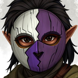 A half-elf male ranger with half brown hair and half black hair, wearing a round wooden mask that covers his entire face