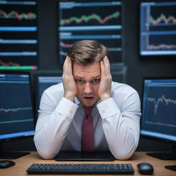 A stressed trader looking at the fluctuating cryptocurrency market on multiple computer screens