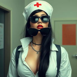 Create an image of a woman with very large breasts, long black hair, wearing black sunglasses and a nurse's hat