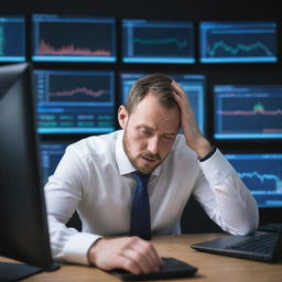 A stressed trader looking at the fluctuating cryptocurrency market on multiple computer screens