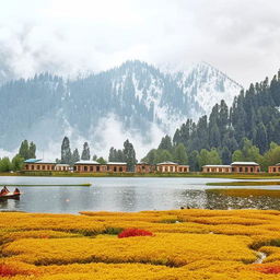 Beautiful Kashmiri scenery with vibrant saffron fields, snow-capped mountains, serene Dal Lake with shikaras, and traditional wooden houses, in an overall tranquil setting