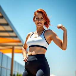 A stunning redhead woman in her 30s with a fit body, dressed in a sporty outfit