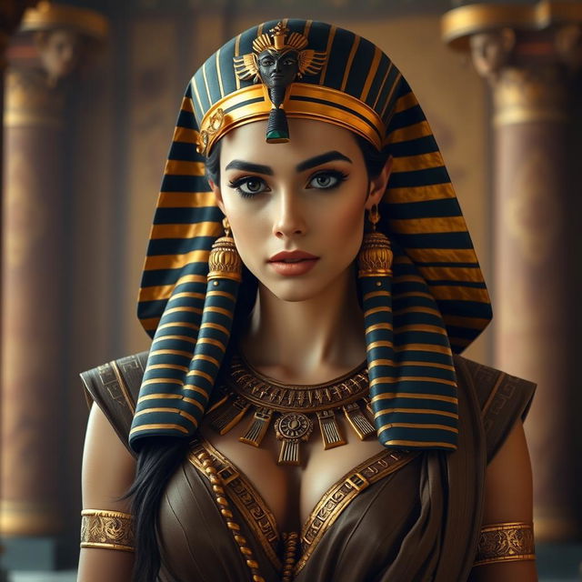 A captivating and alluring female pharaoh dressed in ancient Egyptian attire, with intricate gold jewelry and a regal headpiece