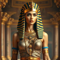 A captivating and alluring female pharaoh dressed in ancient Egyptian attire, with intricate gold jewelry and a regal headpiece