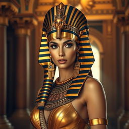 A captivating and alluring female pharaoh dressed in ancient Egyptian attire, with intricate gold jewelry and a regal headpiece