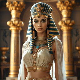 A captivating and alluring female pharaoh dressed in ancient Egyptian attire, with intricate gold jewelry and a regal headpiece