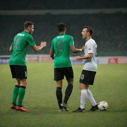 Soccer players engaging in a heated argument during a match on a vivid green pitch under bright stadium lights