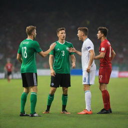 Soccer players engaging in a heated argument during a match on a vivid green pitch under bright stadium lights