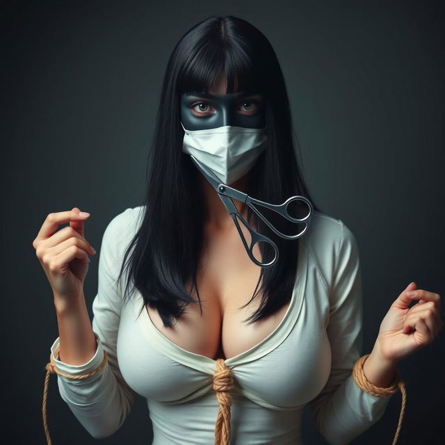 Create an image of a woman with very large breasts, long black hair, wearing a mask and dressed in a straitjacket