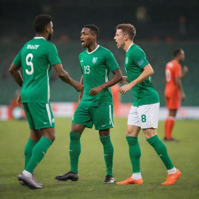 Soccer players engaging in a heated argument during a match on a vivid green pitch under bright stadium lights